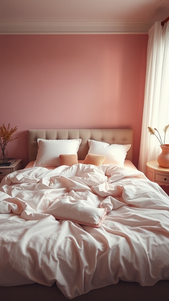 A cozy guest bedroom featuring dusky pink walls, soft bedding, and natural light.