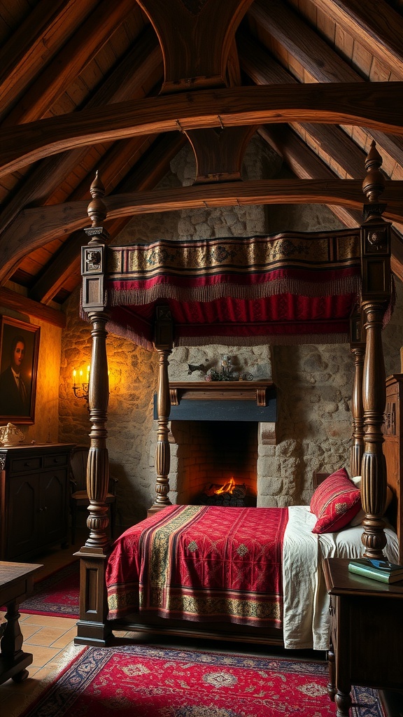 A medieval-themed bedroom featuring a four-poster bed with red bedding, stone walls, a fireplace, and antique furniture.