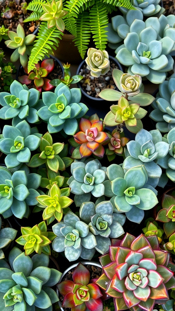 A vibrant display of various succulent plants, including jade plants with thick green leaves and some with reddish tips.