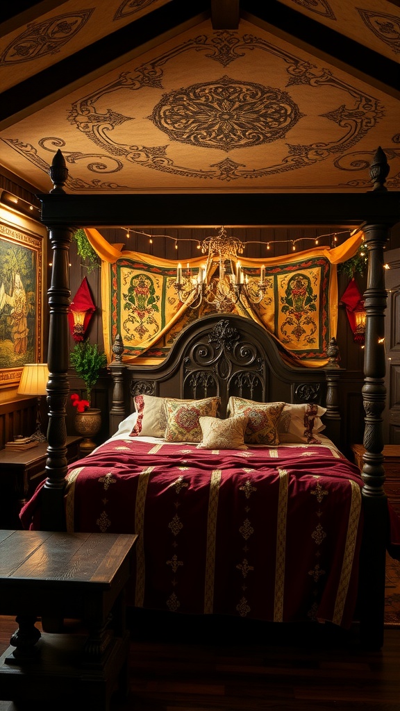 A beautifully decorated medieval themed bedroom featuring a four-poster bed, rich red and gold bedding, ornate headboard, and soft lighting.