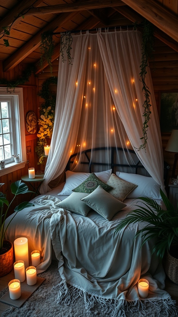 A cozy bedroom with a canopy, soft lighting, candles, and plants, creating a magical atmosphere.