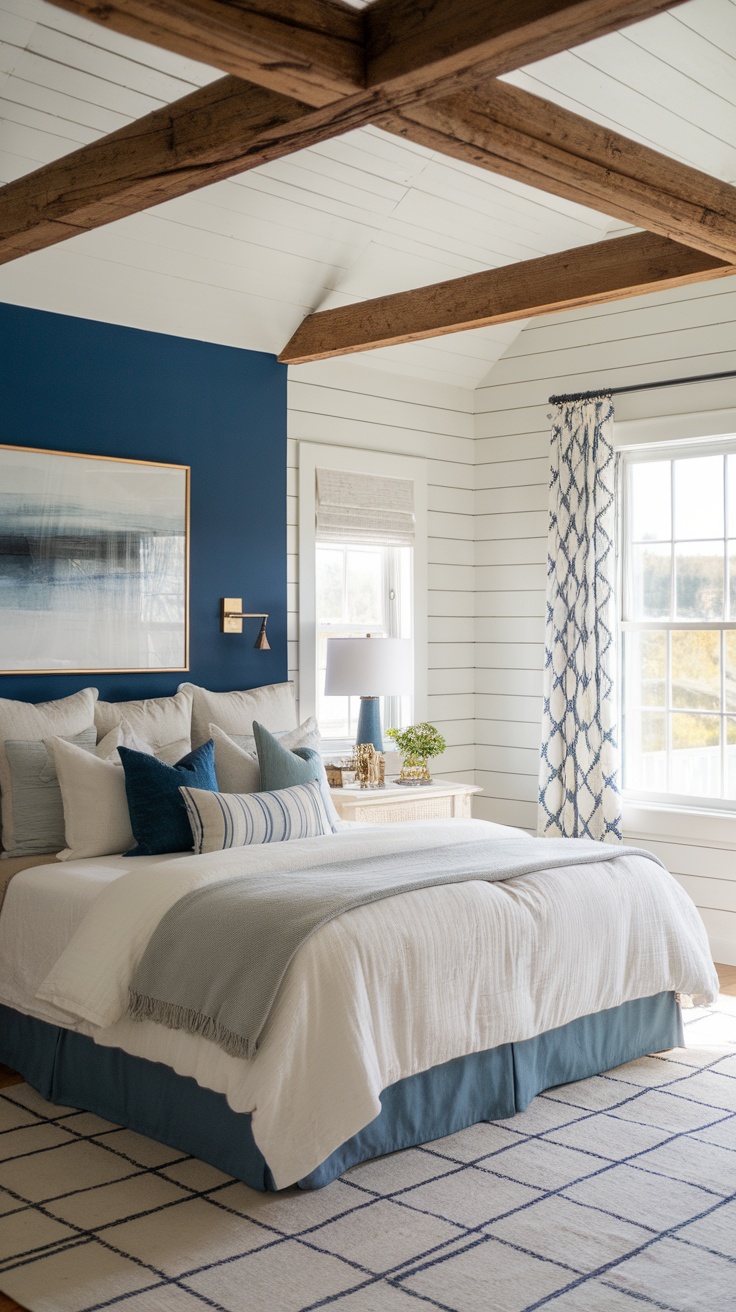 A cozy farmhouse modern bedroom featuring a deep blue accent wall, layered bedding with blue highlights, and rustic wooden beams.