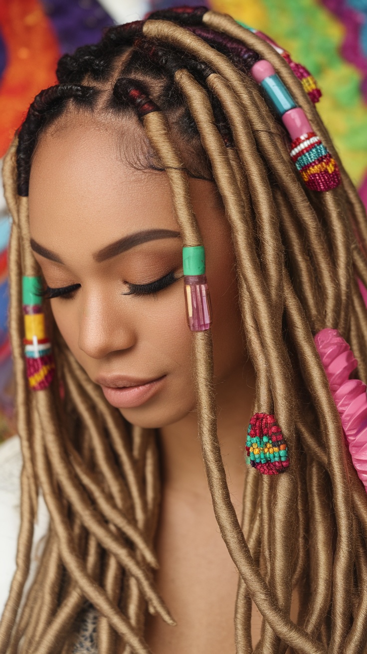 A woman with beautiful faux locs, adorned with vibrant beads, showcasing a protective hairstyle.