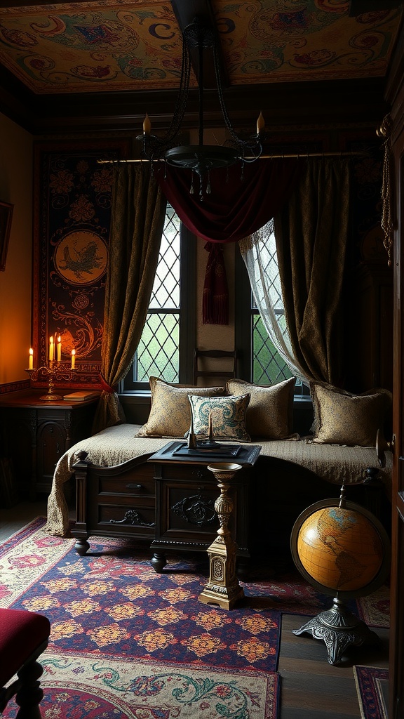 A cozy medieval-themed bedroom with rich decorations, warm lighting, and ornate accessories.