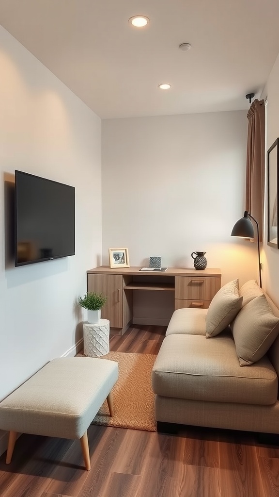 A cozy small guest room featuring a wall-mounted TV, modern furniture, and warm lighting.