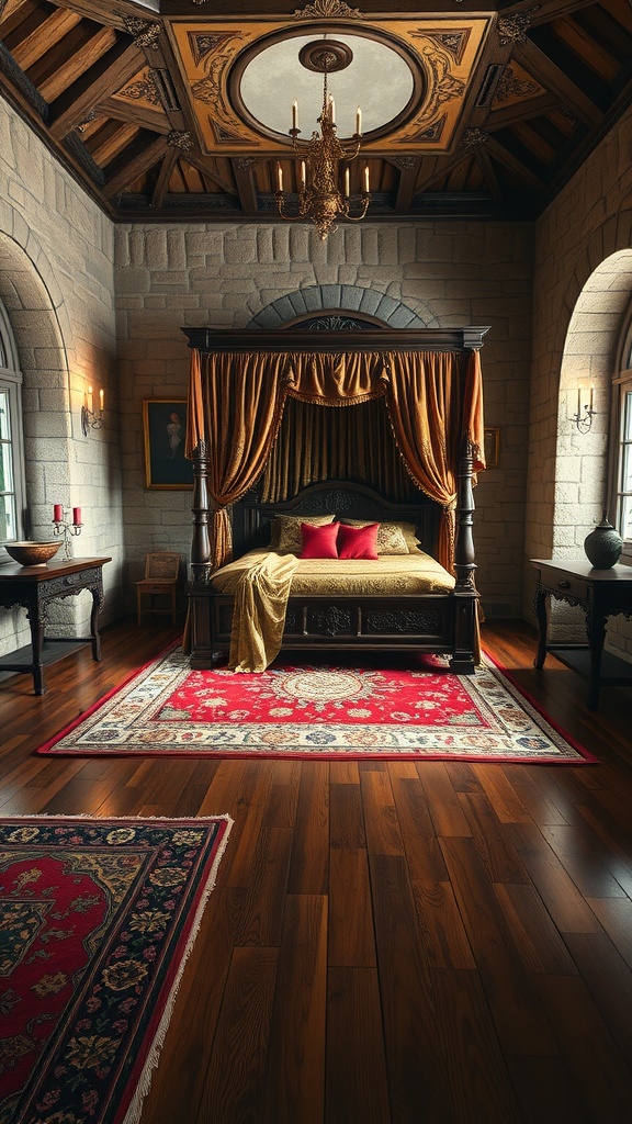 A medieval-themed bedroom featuring rich wooden flooring and ornate rugs.