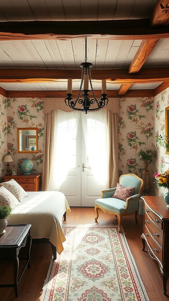 A cozy French country bedroom featuring floral wallpaper, wooden beams, and vintage furniture.