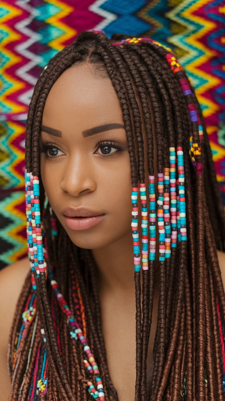 A young woman with Fulani braids adorned with colorful beads, showcasing cultural beauty.