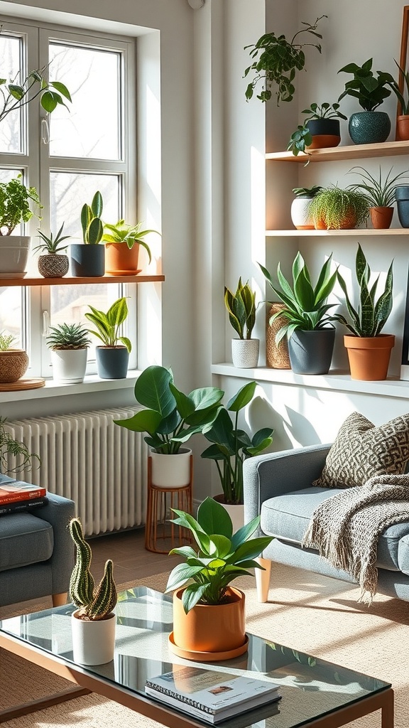 A cozy indoor space with various plants displayed on shelves and furniture, highlighting snake plants in decorative pots.