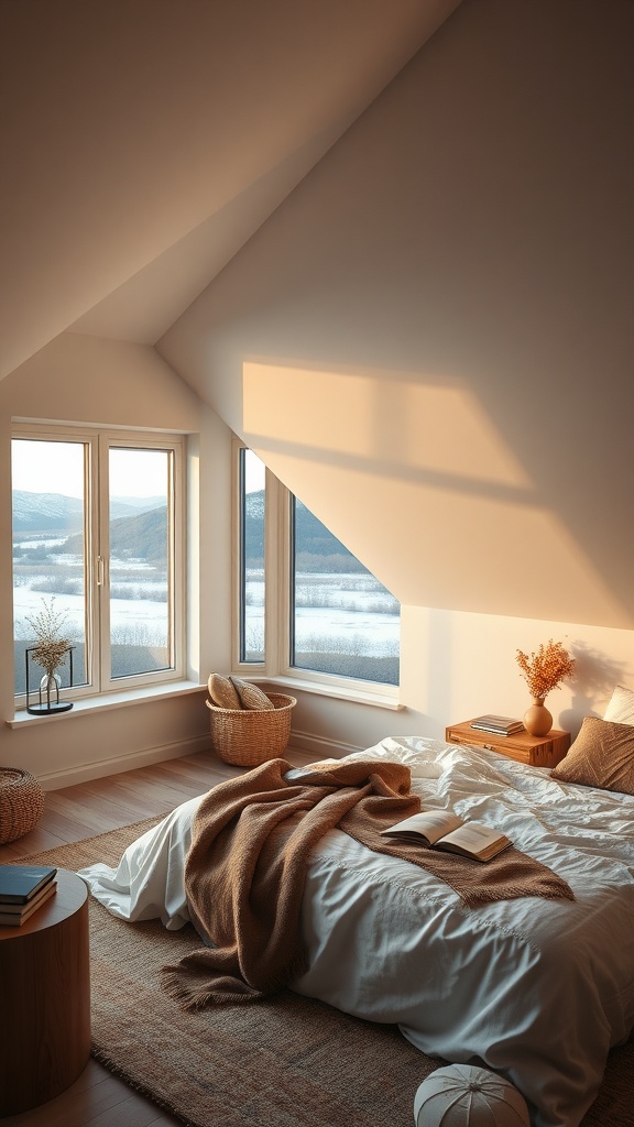 A cozy attic bedroom with large windows, a neatly made bed, a warm throw blanket, and wooden furniture, overlooking a scenic view.