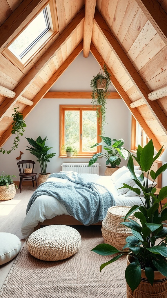 Cozy attic bedroom with wooden beams, plants, and natural decor.