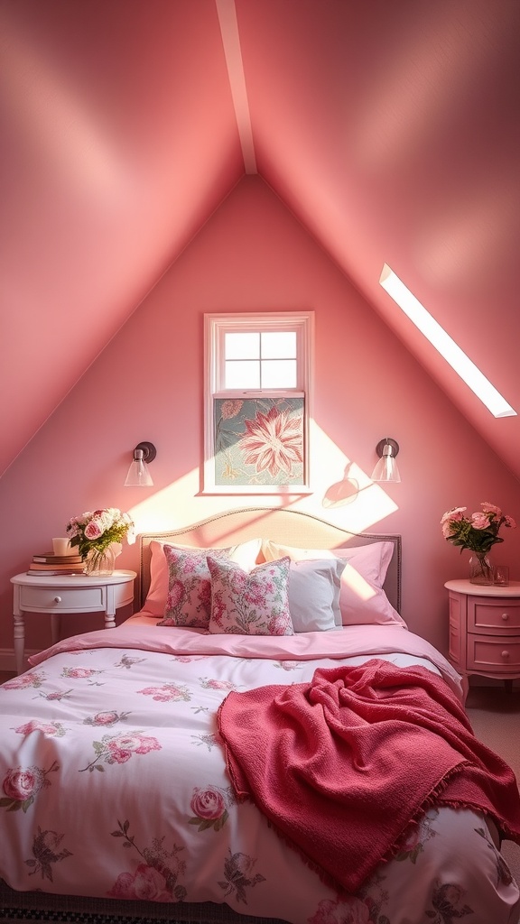 A cozy pink attic bedroom with floral bedding and soft lighting.