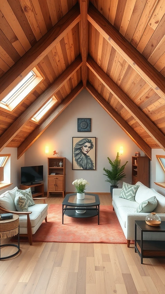 A cozy attic space featuring wooden accents, modern furniture, and natural light.