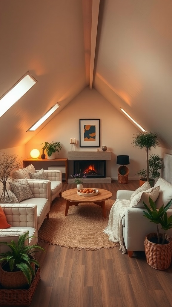 A cozy and stylish attic living space with modern furniture, plants, and warm lighting.