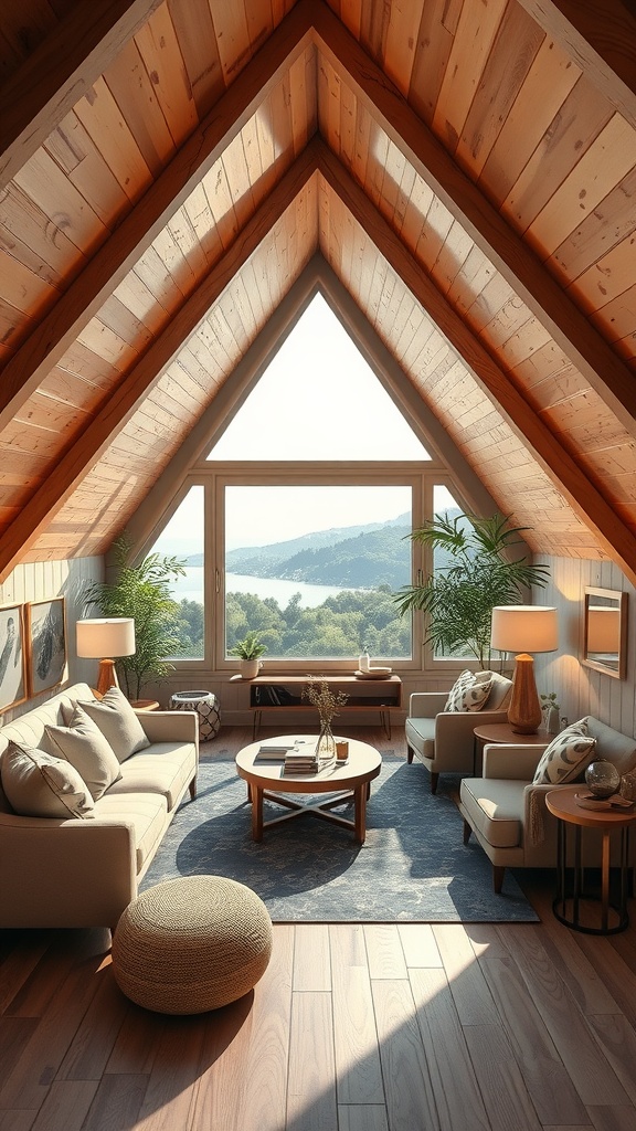 Aesthetic attic design featuring large windows, wooden beams, and cozy furniture.