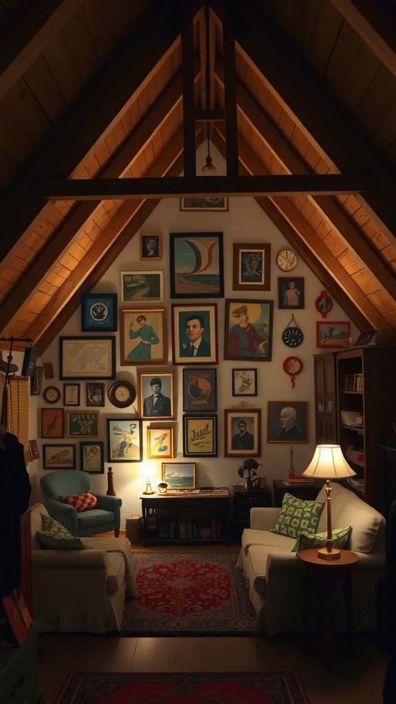Cozy attic decorated with a gallery wall of framed artworks, two sofas, warm lighting, and a stylish rug.