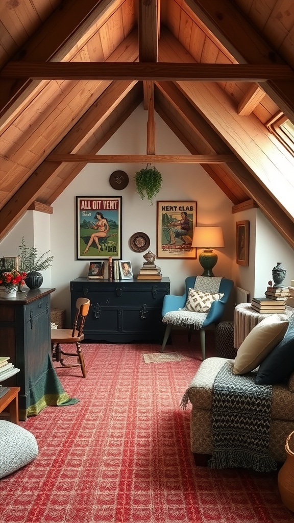 A cozy attic room with vintage decor, featuring wooden beams, vintage posters, comfortable seating, and a warm rug.