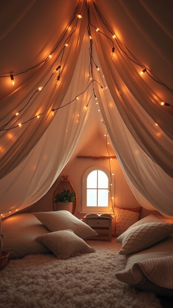 A cozy attic space with soft pillows, a fluffy rug, and warm fairy lights draped under white canopies.