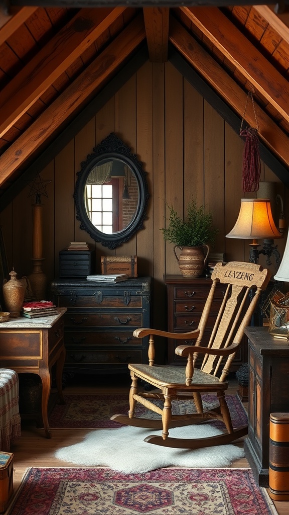 A cozy attic featuring antique furniture, including a rocking chair, wooden desk, and a mirror, illuminated by warm lighting.