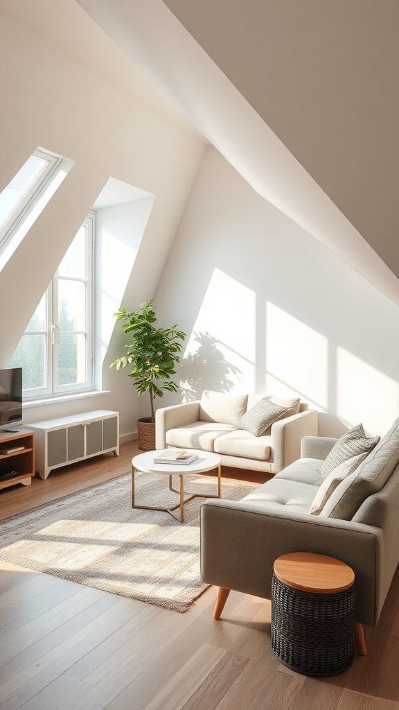 A minimalist attic living area with sloped ceilings, two sofas, a coffee table, and a plant.