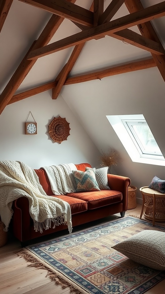 Cozy attic living space with an orange sofa, throw blankets, and a woven rug.