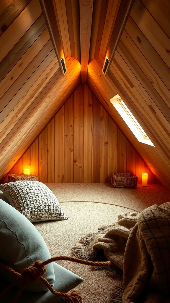 Cozy attic with natural wood paneling, soft lighting, and comfortable pillows and blankets.