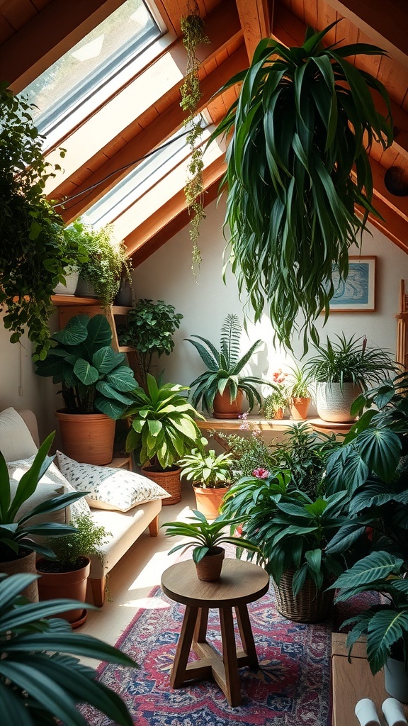 Cozy attic filled with various green plants, sunlight streaming in through the skylights.