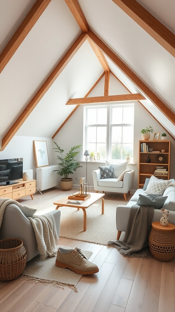 Cozy attic with Scandinavian-inspired design featuring natural light, wooden beams, and minimalist furniture.