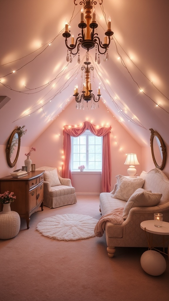 A cozy attic with soft pastel tones, featuring a chandelier, plush furniture, and string lights for a romantic touch.