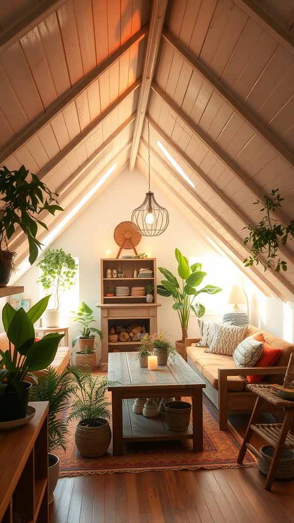 A cozy attic space filled with plants, wooden furniture, and natural light.