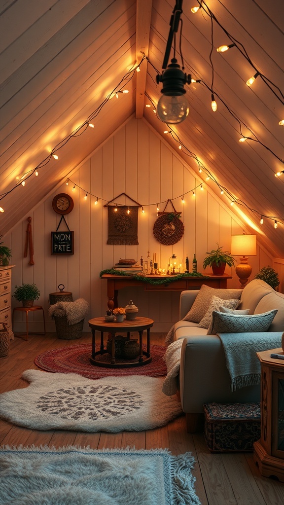 Cozy attic with warm lighting, decorated with string lights and comfortable furnishings.