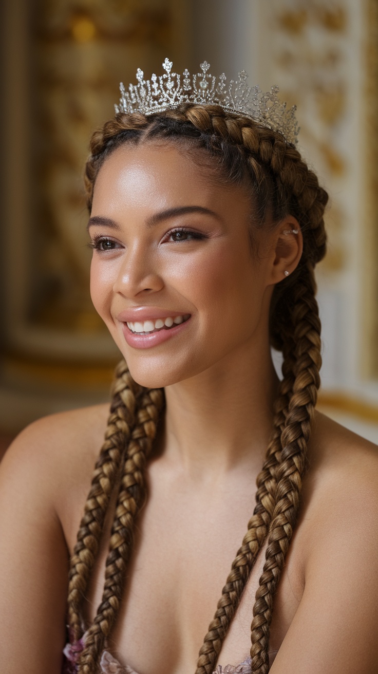 A woman with halo braids wearing a crown, smiling elegantly.