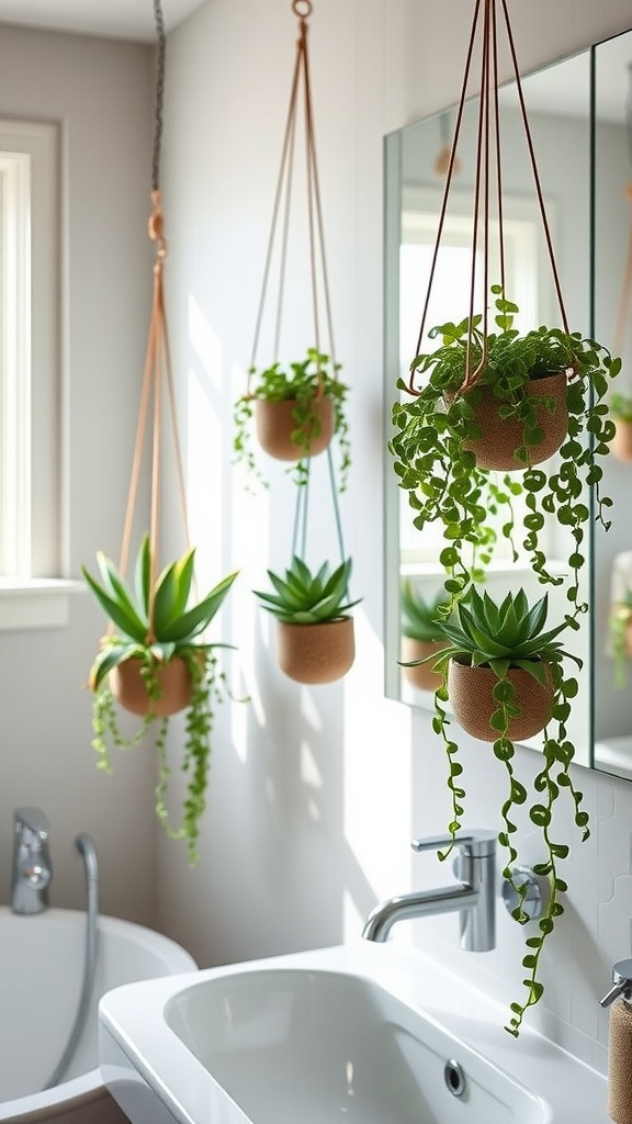 A bright bathroom featuring hanging succulents above a sink and bathtub, showcasing a natural and stylish decor.