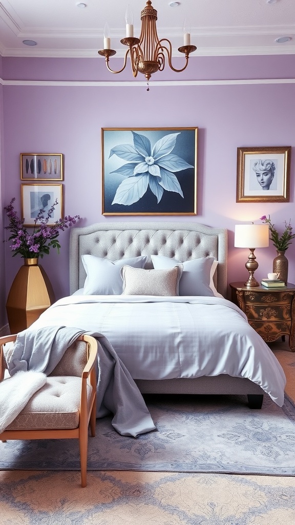 A lavender guest bedroom featuring elegant decor, artwork, and cozy textiles.