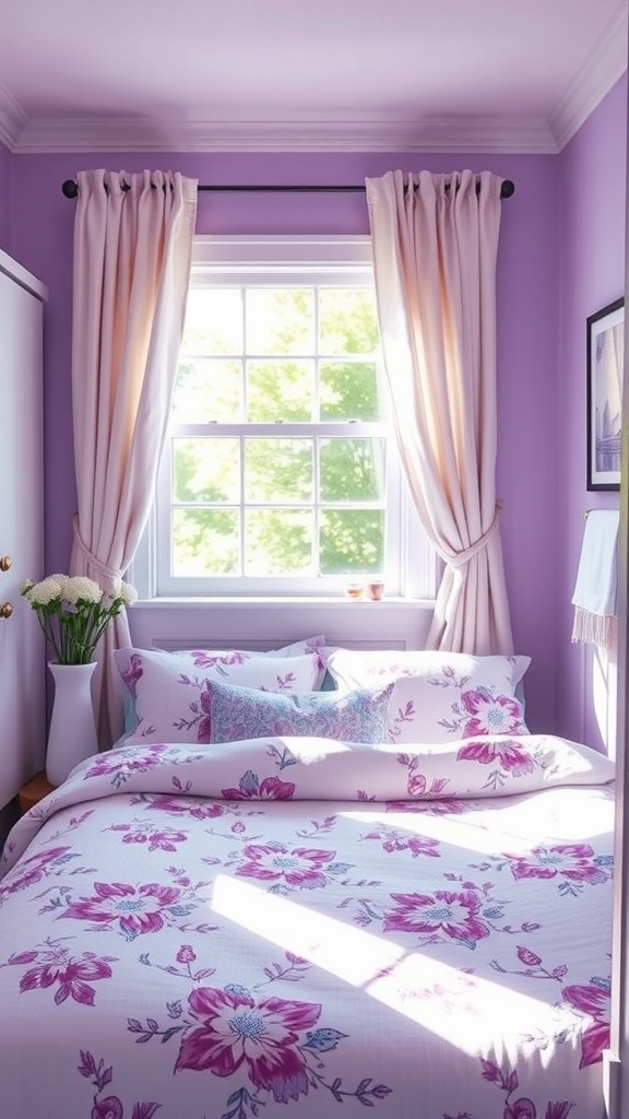 A small guest bedroom with lavender walls, floral bedding, and a bright window.