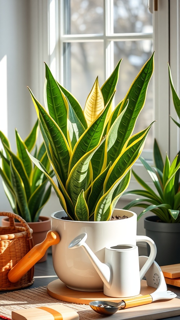 A healthy snake plant in a modern white pot by a sunny window, surrounded by gardening tools.