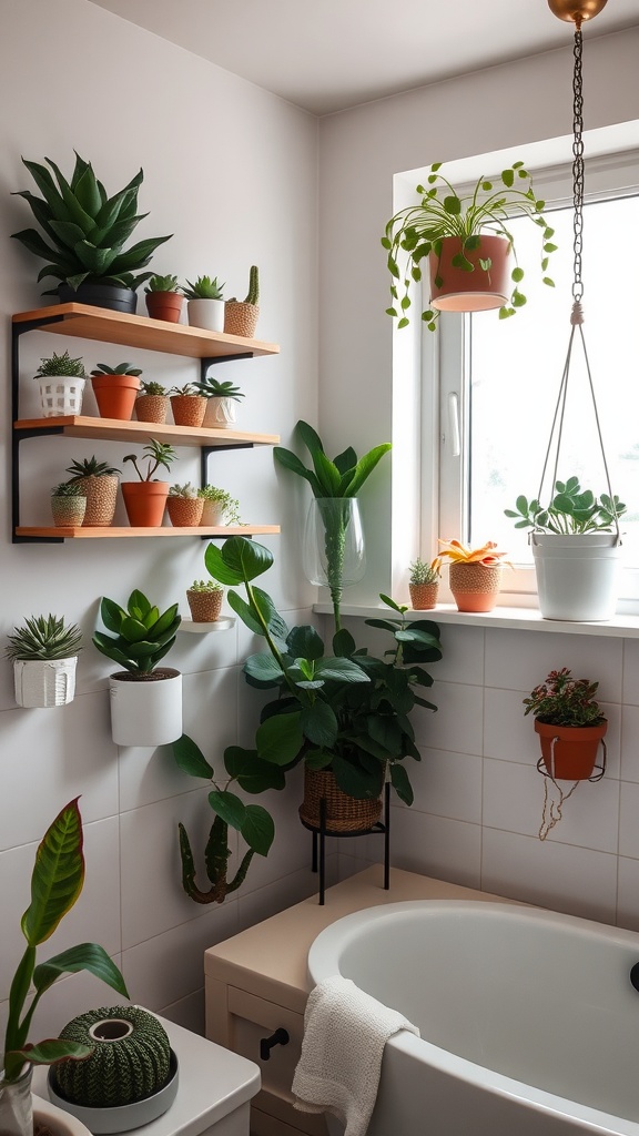 A bright bathroom decorated with various succulents on shelves and windowsills, showcasing how to incorporate plants into bathroom decor.