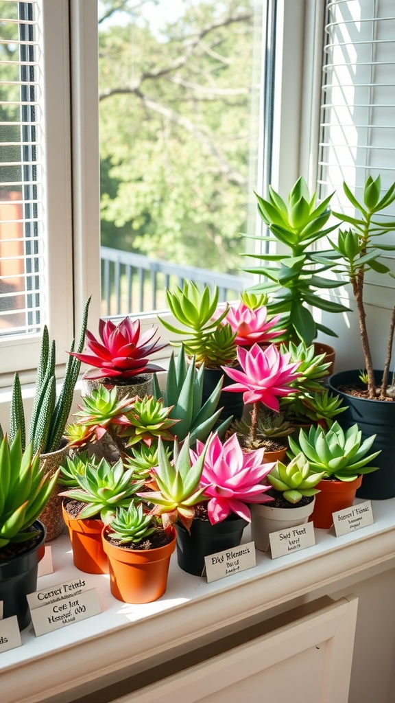 A collection of colorful succulent plants in various pots arranged on a windowsill.