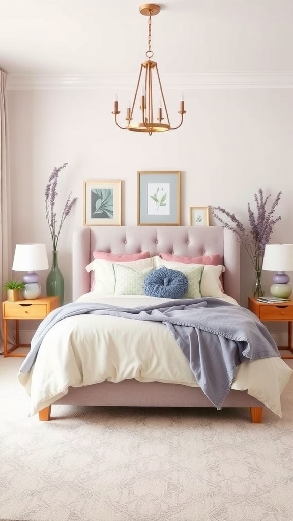 A stylish guest bedroom featuring lavender tones and warm accents.