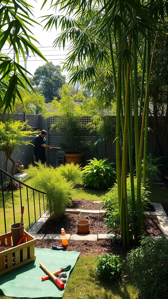 A vibrant garden scene with bamboo plants and a person tending to the garden.