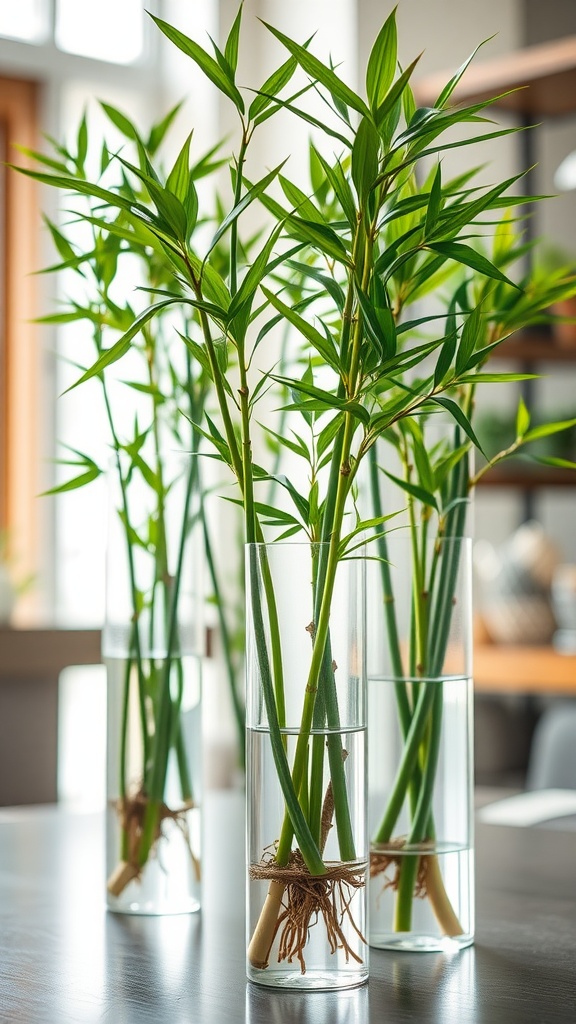 Glass vases with bamboo plants growing in water, showcasing lush green leaves and roots.