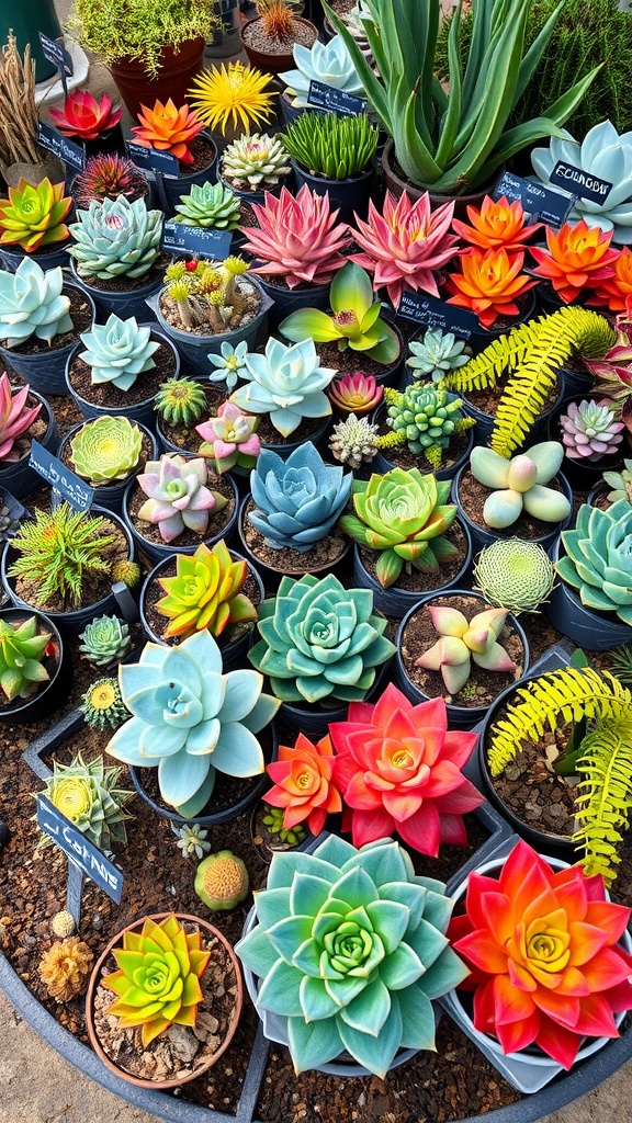 A diverse array of colorful succulent plants arranged in pots, showcasing various shapes and sizes.