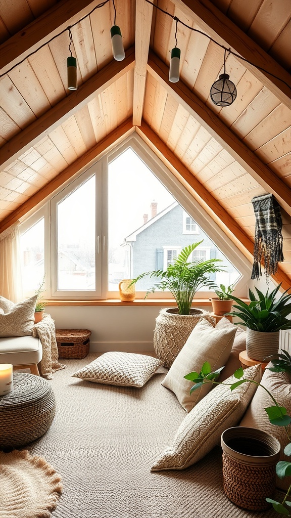 Cozy Scandinavian attic with wooden beams, soft cushions, plants, and warm lighting.