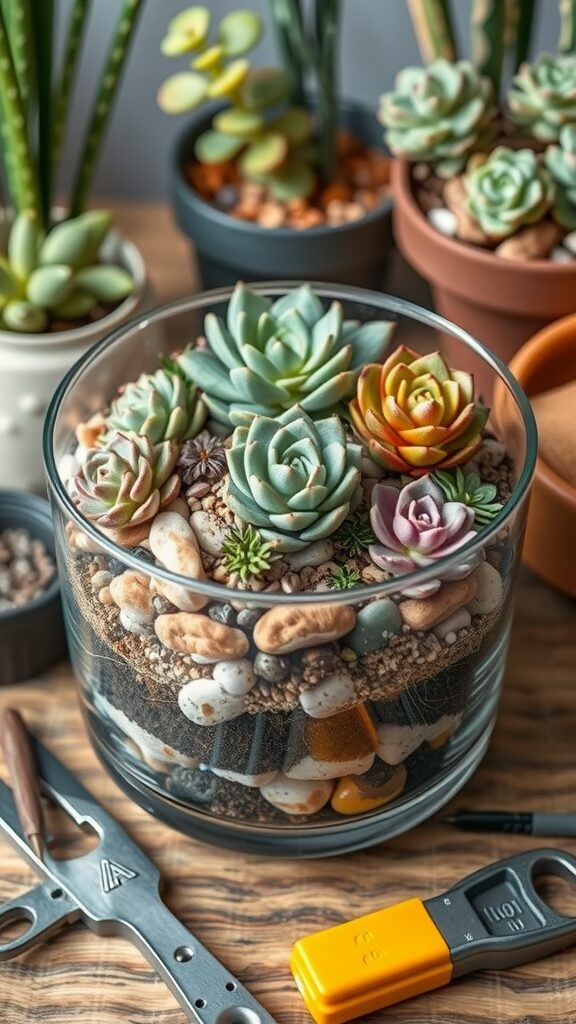 A step-by-step guide to creating a succulent terrarium with colorful plants and decorative stones.