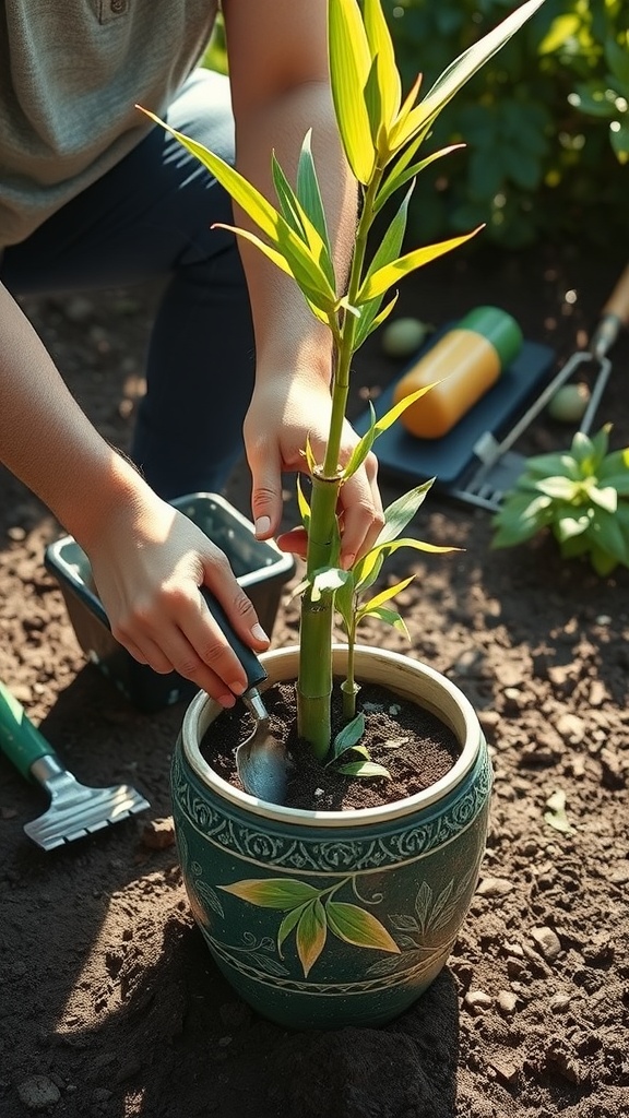 Person planting a bamboo shoot in a decorative pot with a small shovel