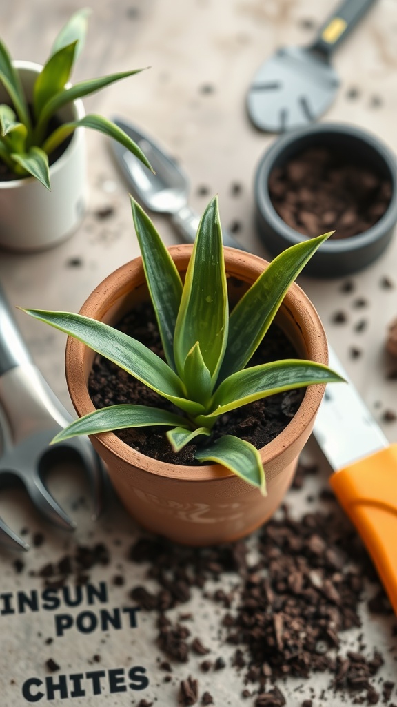 A snake plant in a terracotta pot surrounded by gardening tools and soil.