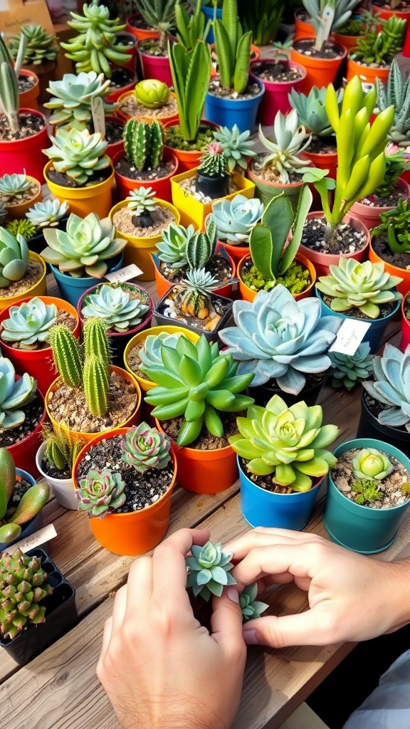 Hands holding a succulent among various colorful potted succulents.
