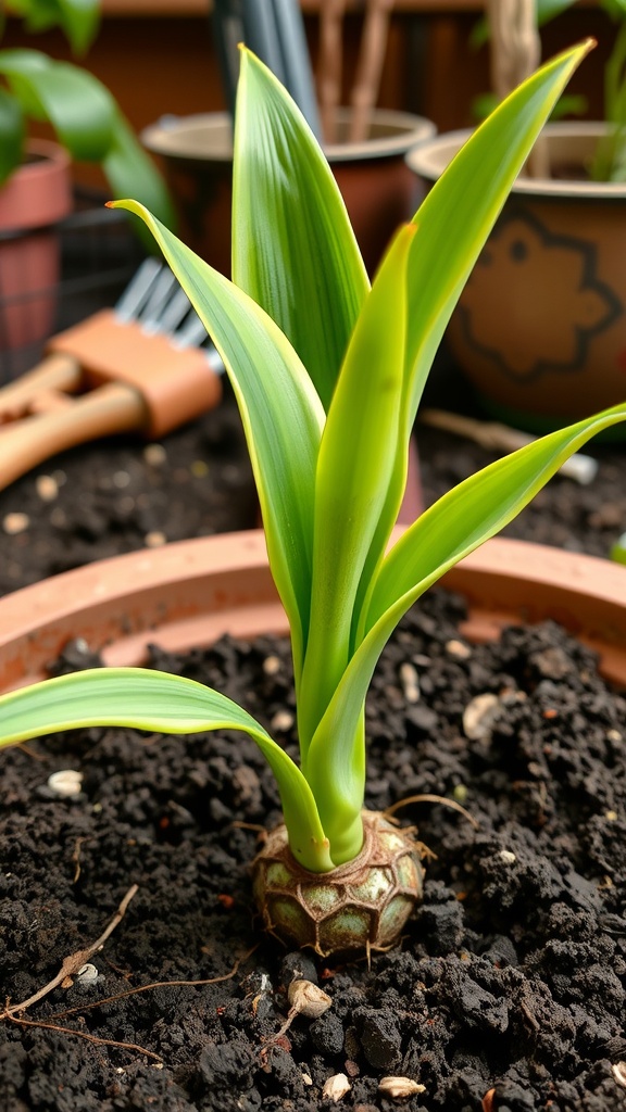 A young snake plant in a pot with rich soil, showcasing its healthy green leaves.