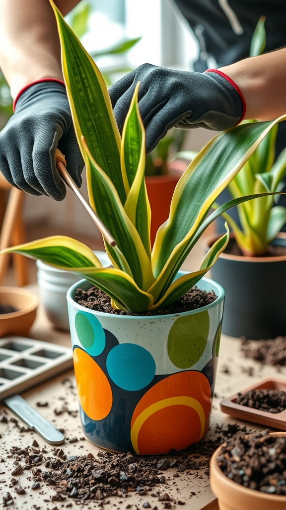 A person wearing gloves is replanting a snake plant in a colorful pot, with planting tools and soil scattered around.