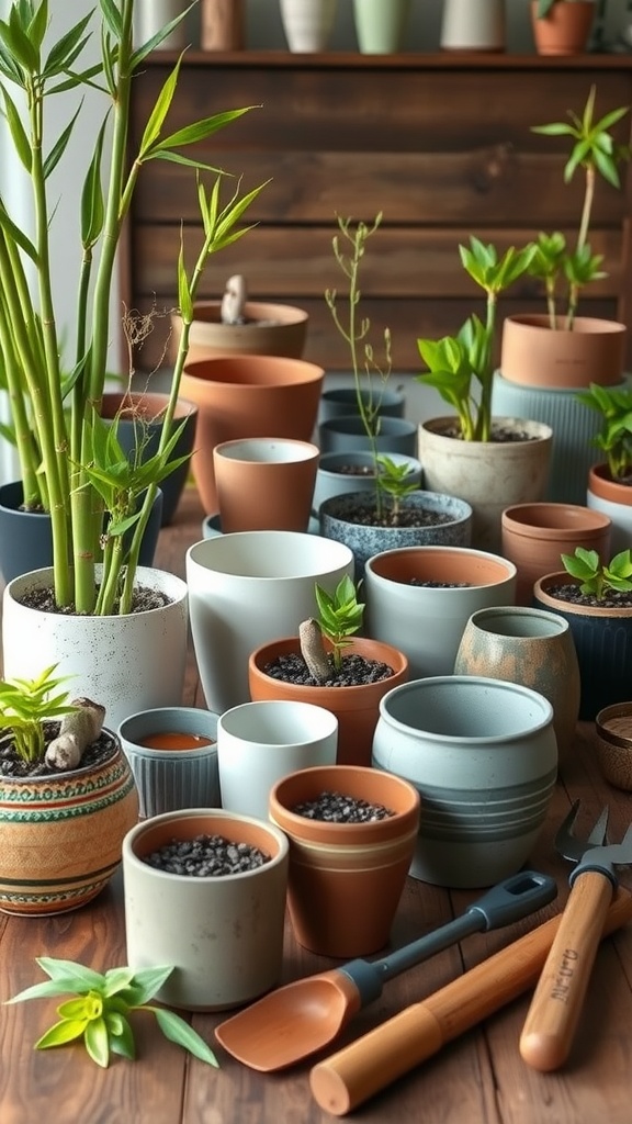 A variety of pots for planting bamboo and other plants, showcasing different sizes, colors, and materials.